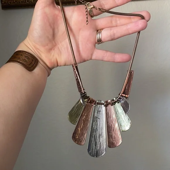 Hammered copper and silver boho statement necklace - Picture 3 of 4